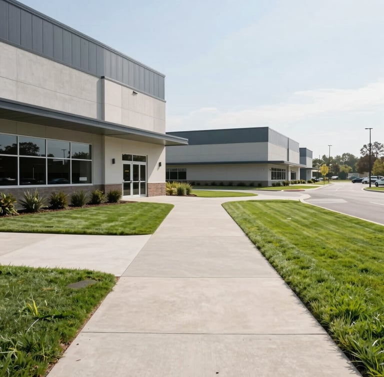 Wide architectural shot of a modern, expansive commercial facility exterior with immaculate concrete walkways and perfectly edged green lawns, captured under bright, neutral midday daylight.