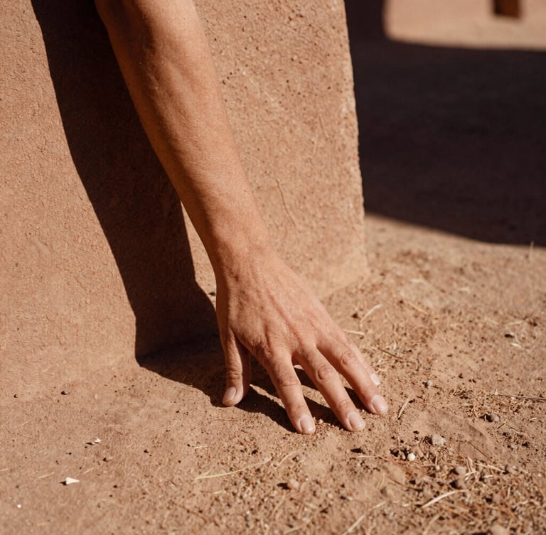 Rustic architectural details of Finca Akasha, hands touching dry earth, warm editorial photography, earthy terracotta tones, 35mm film.