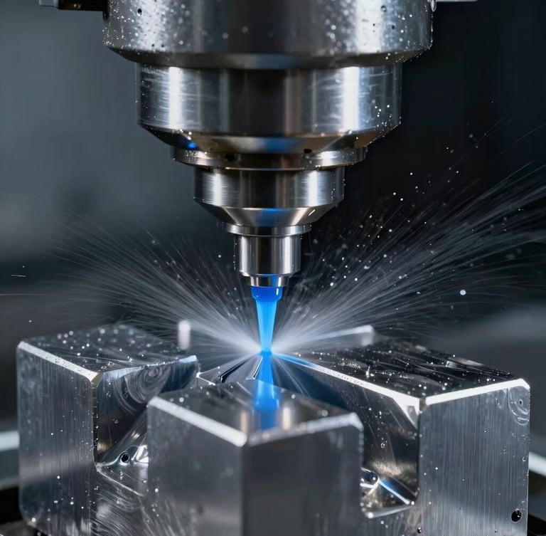 Macro close-up of a high-precision CNC milling machine cutting a steel block, bright blue coolant fluid spraying, sharp metallic textures, dramatic industrial lighting