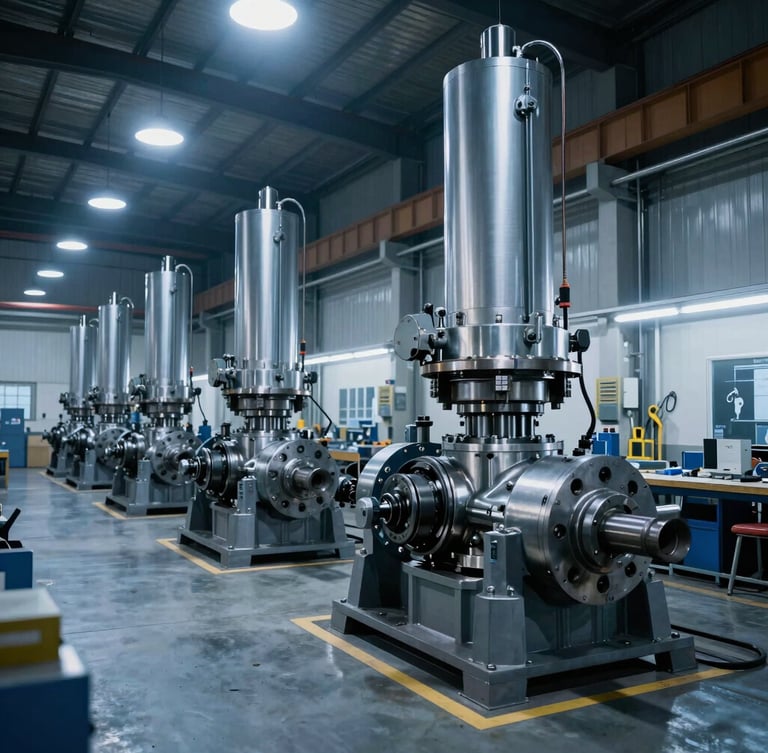 Wide panoramic view of a modern heavy industrial machine shop, clean floors, massive steel hydraulic components in assembly, dramatic overhead blue-toned workshop lighting