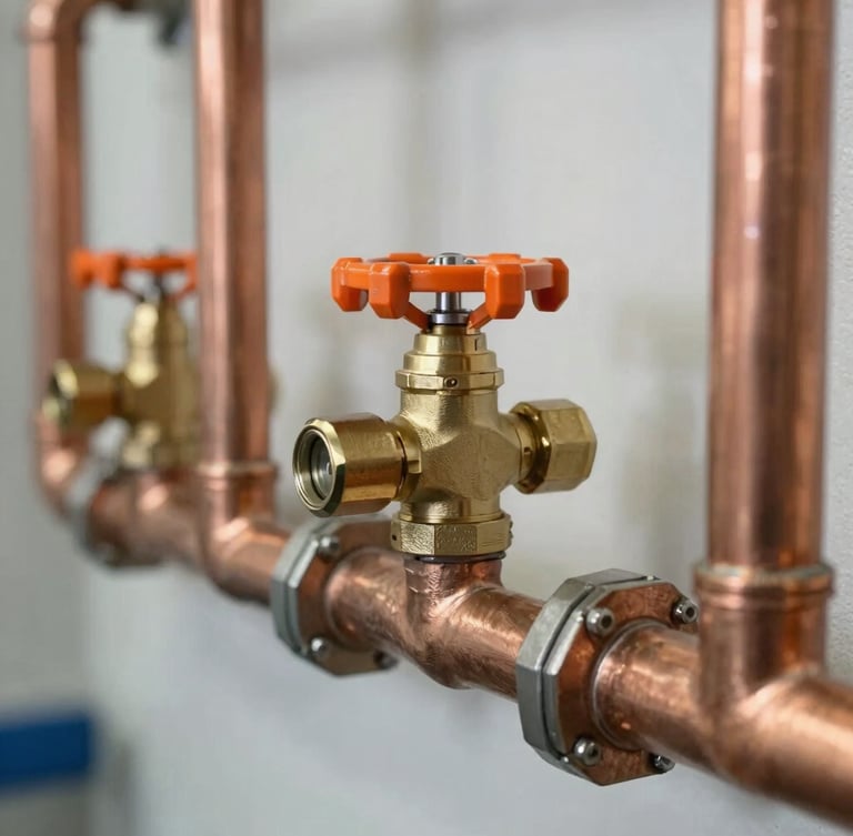 Macro detail of clean copper piping runs and brass valves in a pristine mechanical room, sharp focus, 35mm.