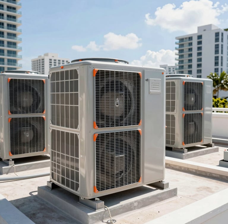 Crisp architectural photography of high-end rooftop commercial HVAC installations in Miami, bright South Florida daylight, sharp focus, 35mm