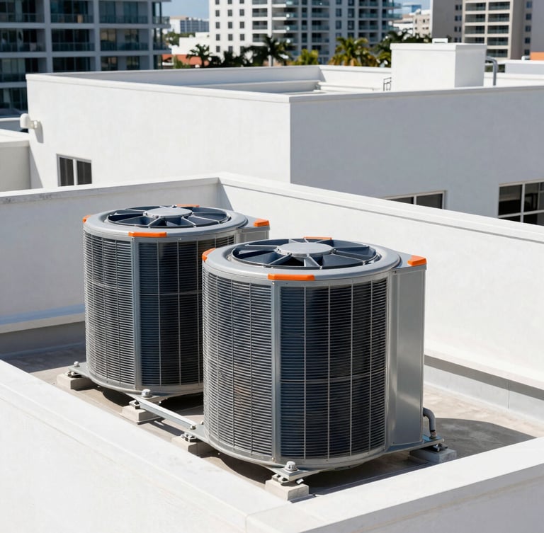 Crisp architectural photography of a modern commercial rooftop HVAC installation in Miami, bright South Florida daylight, clean metallic lines, sharp focus, 35mm