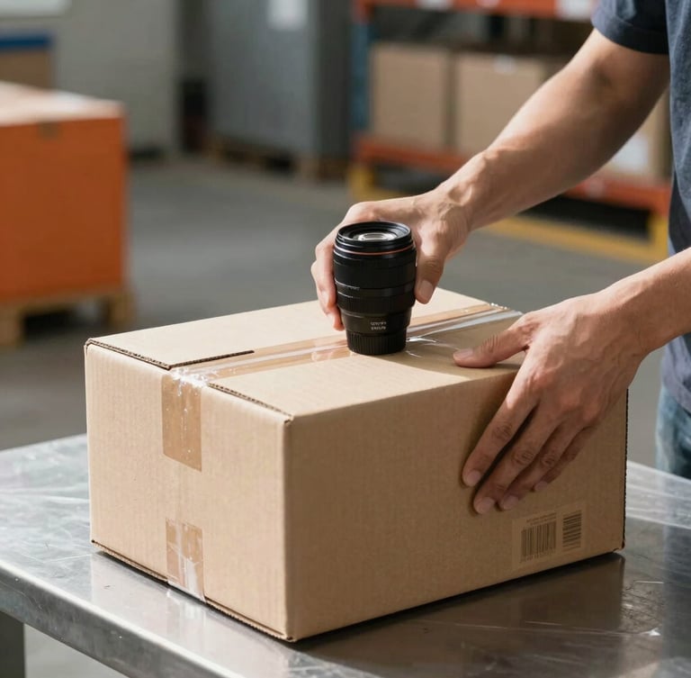 crisp industrial photography, bright natural warehouse daylight, hands carefully applying a barcode to a cardboard box on a clean metal table, sharp focus, 35mm lens