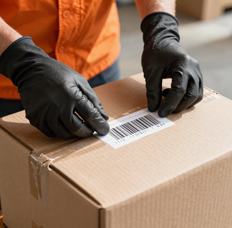 Crisp industrial photography, medium close-up of gloved hands carefully applying a barcode label to a clean cardboard shipping box, bright natural warehouse lighting