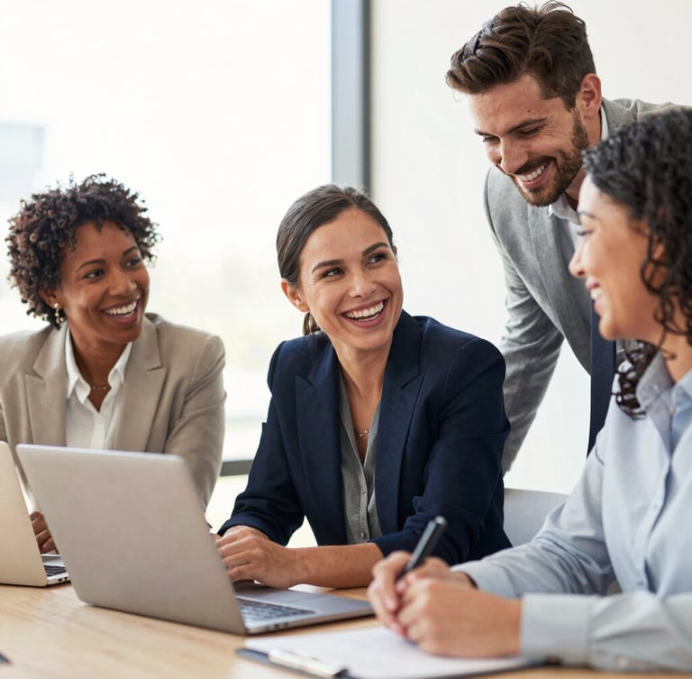 Candid portrait of a diverse team of corporate professionals smiling and discussing work around a table, bright natural light, genuine laughter, warm modern office setting.