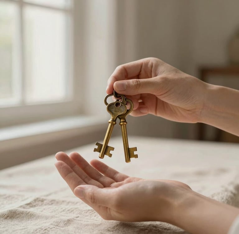 Close-up of hands holding a set of vintage brass keys over a warm linen fabric background, soft morning window light, elegant editorial photography, 35mm lens.