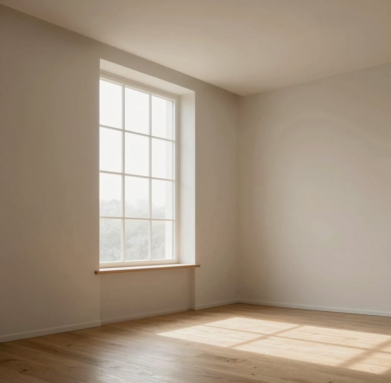Soft natural morning light filtering through a tall window into a clean, empty room with high ceilings and light wooden floors, minimalist and peaceful vibe, 35mm lens