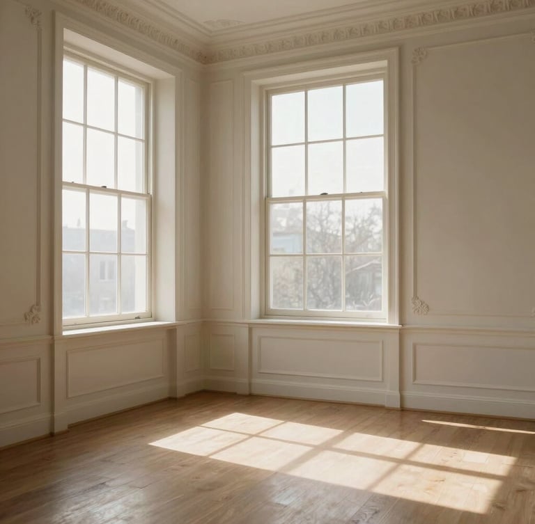 Wide environmental shot of a sunlit, clean, empty room with beautiful architectural details, soft morning window light, warm editorial photography, 35mm lens