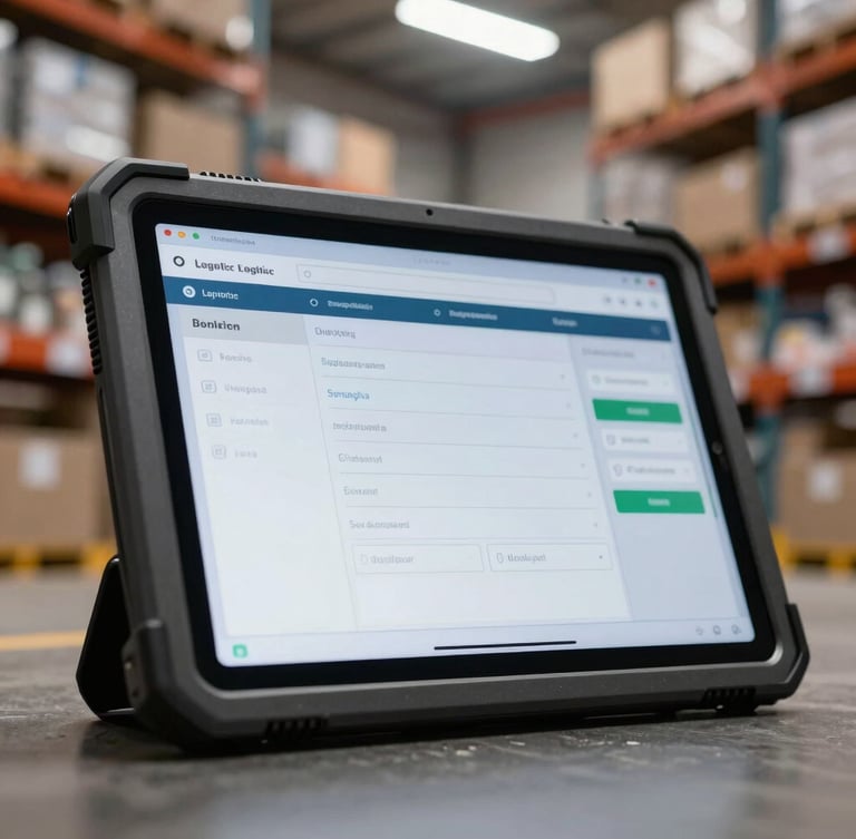 Tight macro shot of a ruggedized tablet displaying logistics software in a warehouse, warehouse racks blurred in background, cool fluorescent lighting.