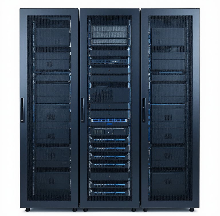 Straight-on architectural shot of high-end IT hardware in clean server racks, cool blue and slate gray tones, sharp focus, crisp studio lighting