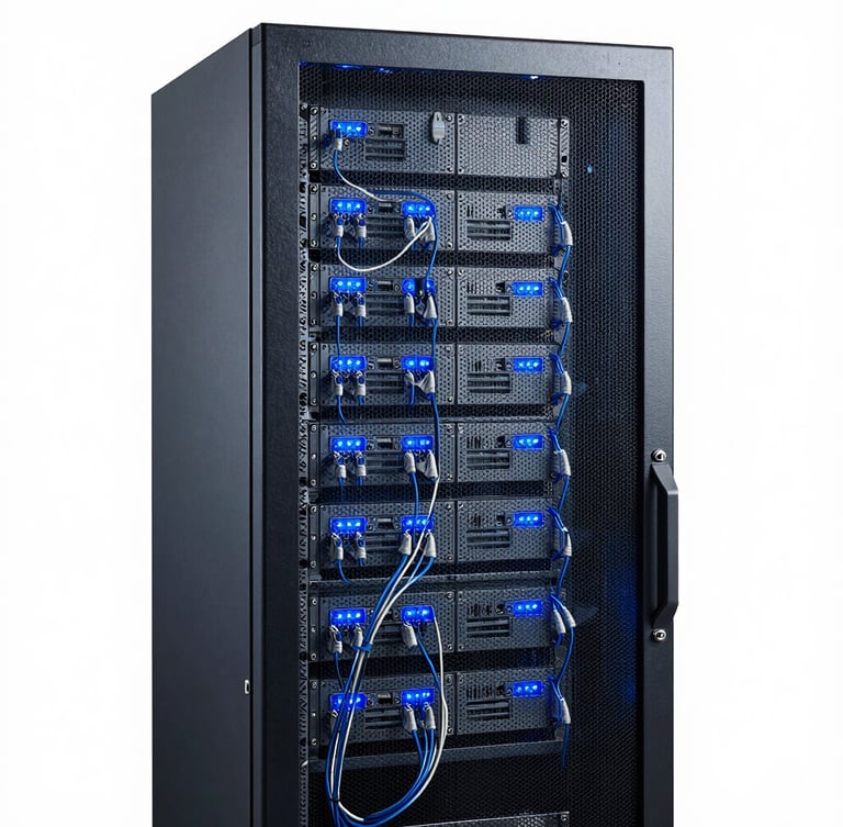 Crisp commercial photography of a high-end IT server cabinet with clean cabling and glowing blue status lights, straight-on architectural framing, cool slate tones.