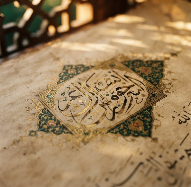 Close-up macro shot of elegant Arabic calligraphy on traditional parchment, soft golden-hour light filtering through an Islamic geometric screen, deep green and gold tones, shallow depth of field.