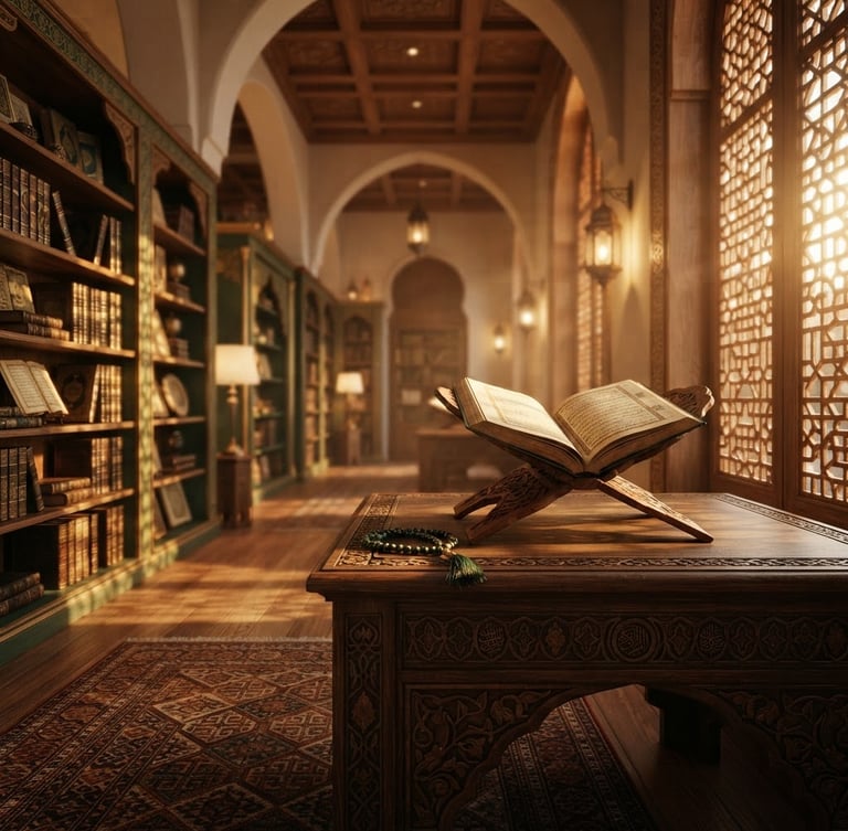Wide panoramic warm Islamic library, serene atmosphere, soft golden light filtering through wooden screens, open Quran and prayer beads on a carved wooden table, empty space on the left.