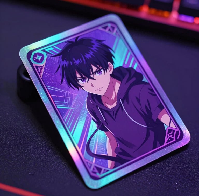 Dynamic close-up of a holographic trading card with neon purple and teal reflections, held over a dark gaming table, sharp anime style