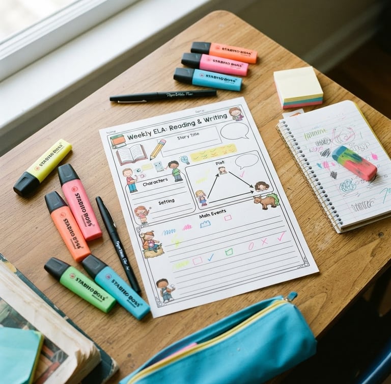 Bright editorial photography of a printed 3rd grade English lesson plan flatlay on a school desk, colorful markers, high-key natural daylight, 35mm
