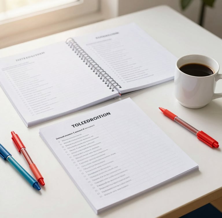 Bright editorial photo of a cheerful teacher's desk with organized lesson plans, colorful pens, and a coffee mug in warm morning light