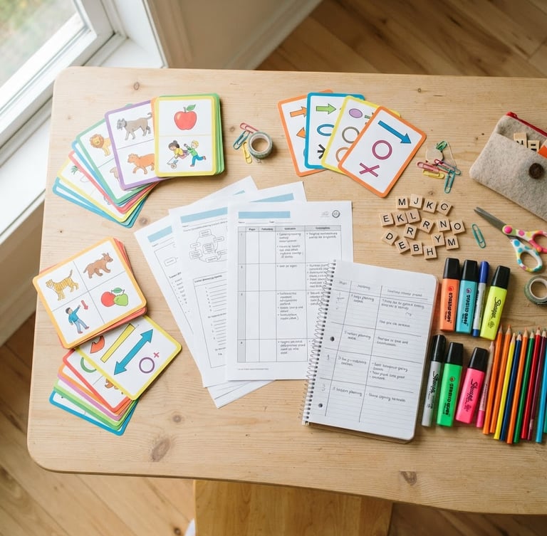 Bright editorial photography, cheerful natural classroom daylight, top-down flatlay of printed English lesson plans, colorful markers, and flashcards on a light wooden table, 35mm