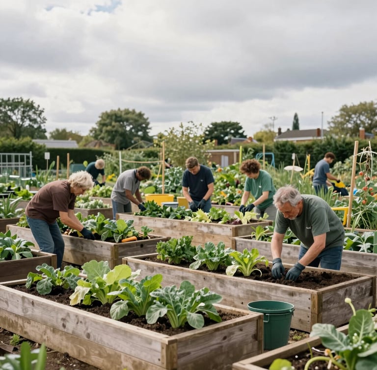 Wide environmental shot of a community garden in East London under soft, overcast daylight. Local volunteers of diverse ages are planting vegetables together in raised wooden beds, candid and unposed.