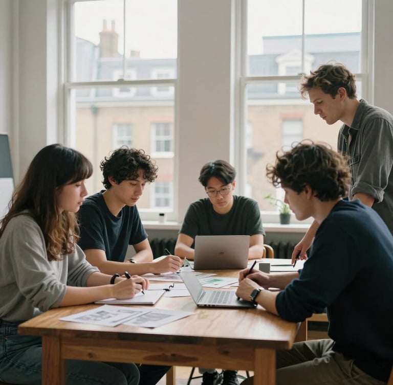 Candid environmental shot of a creative team collaborating around a wooden table in a bright, naturally lit London studio, soft overcast daylight through large windows, focused and collaborative mood