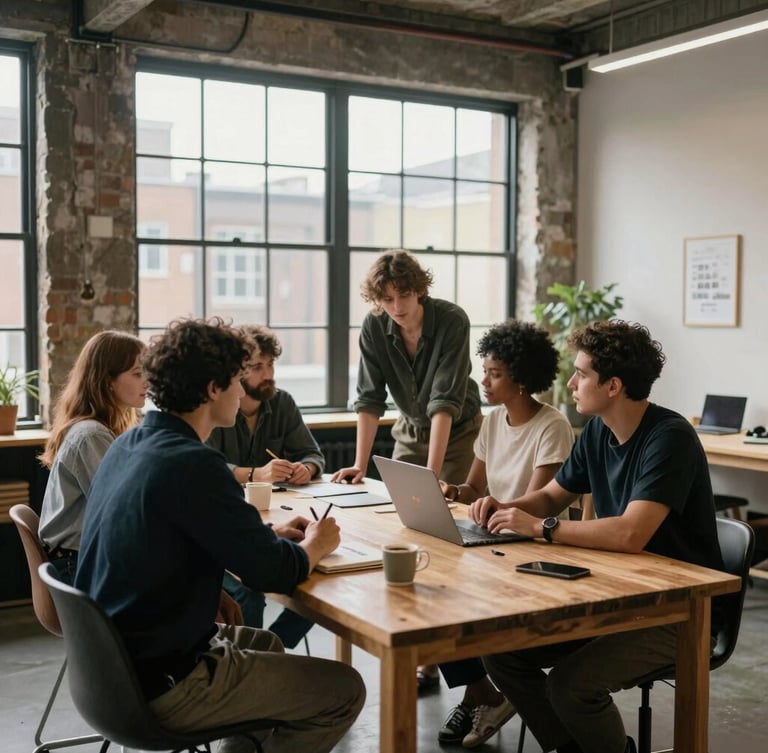 A medium environmental shot of a diverse creative team collaborating around a wooden table in a naturally lit, airy London studio with large industrial windows.