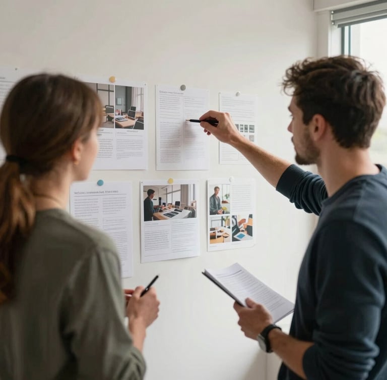 A candid environmental shot of a UK creative team discussing campaign layouts on a wall in a bright, natural-light studio, soft diffused daylight.