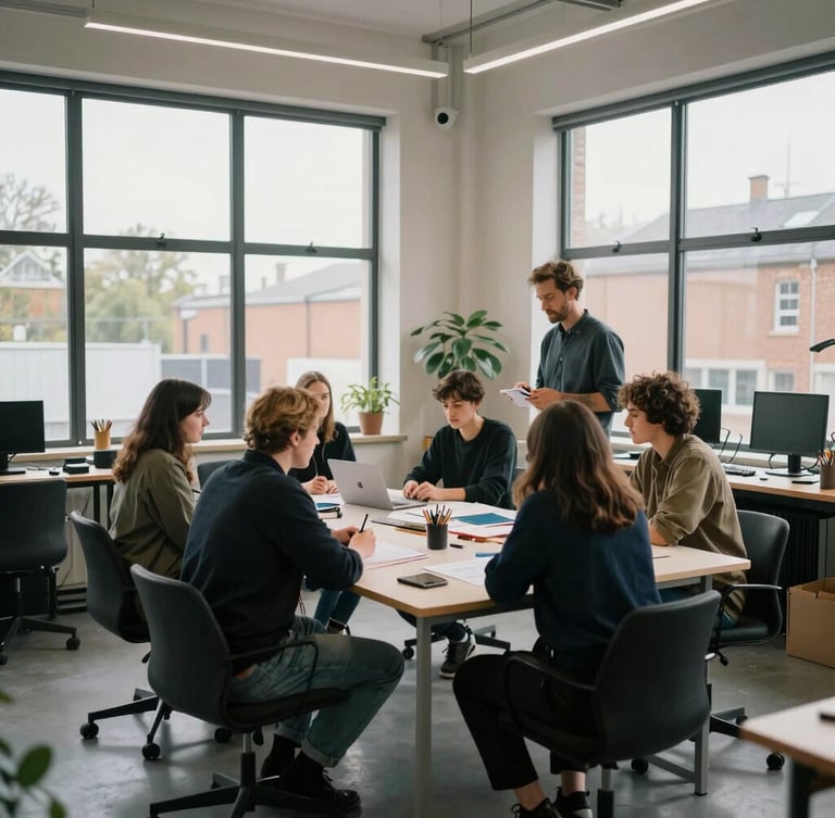 Wide environmental shot of a modern UK creative studio, diverse team collaborating around a table with soft, natural overcast light from large windows, authentic and unposed.