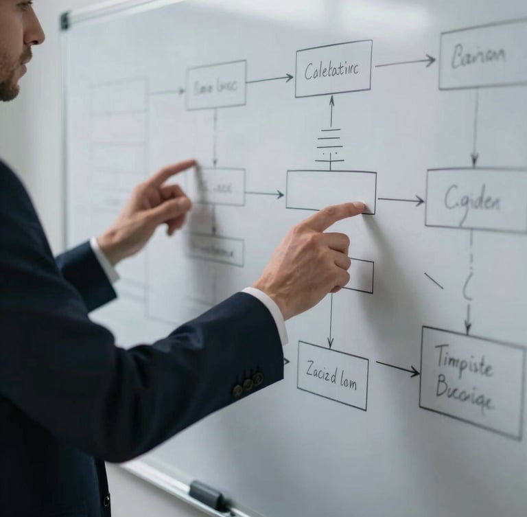 Professional hands gesturing over a whiteboard covered in flowcharts and diagrams, high-contrast directional light, deep navy and cool gray tones, 50mm lens, professional