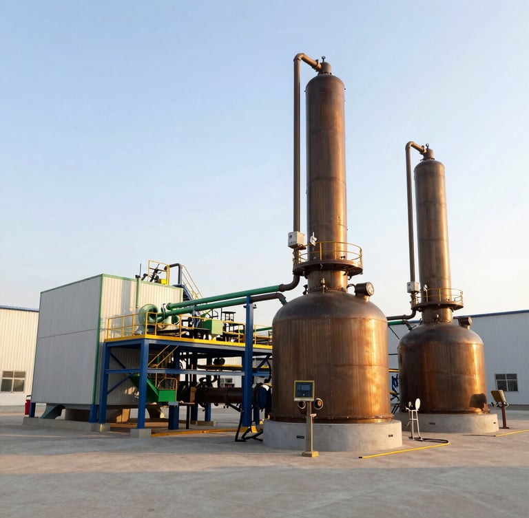 Wide shot of a modern pyrolysis facility at golden hour, showing industrial equipment and a clean, organized production area, subtle green accents, natural daylight.