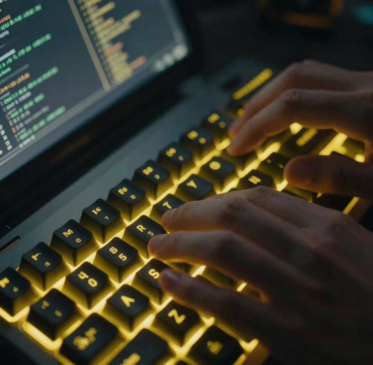 Macro close-up of developer hands typing on a mechanical keyboard under moody yellow LED backlight, technical console code visible on screen, 35mm