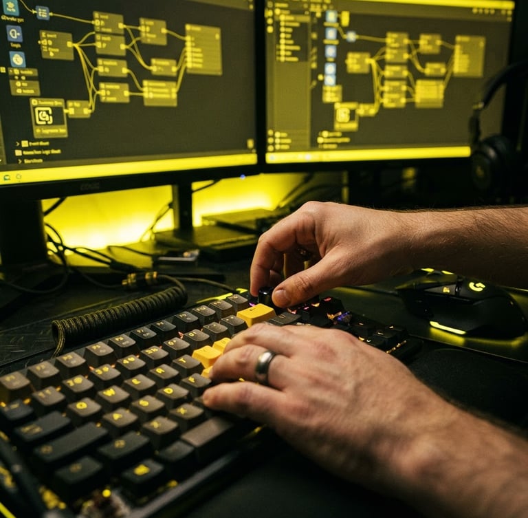 Macro close-up of a game developer hand adjusting code on a mechanical keyboard, illuminated by sharp hazard-yellow neon light glowing from a dual-monitor setup showing a GDevelop event sheet, dark cyber-industrial photography, 35mm.