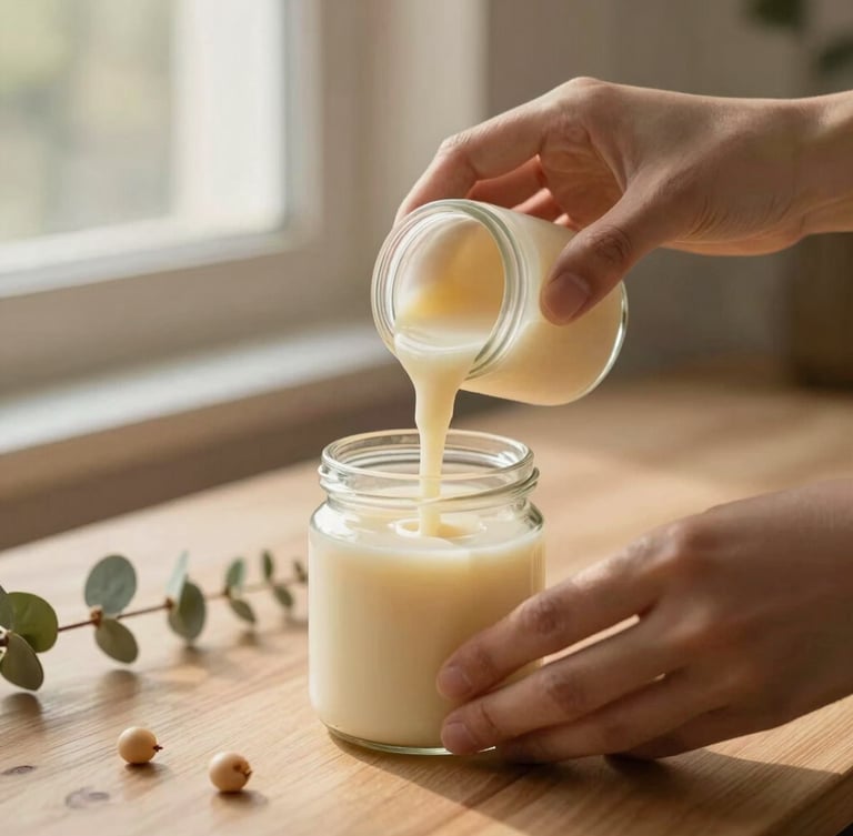 Hands of an artisan carefully pouring warm liquid soy wax into a minimalist glass jar, soft morning light, botanical sprigs on a wooden table, 35mm