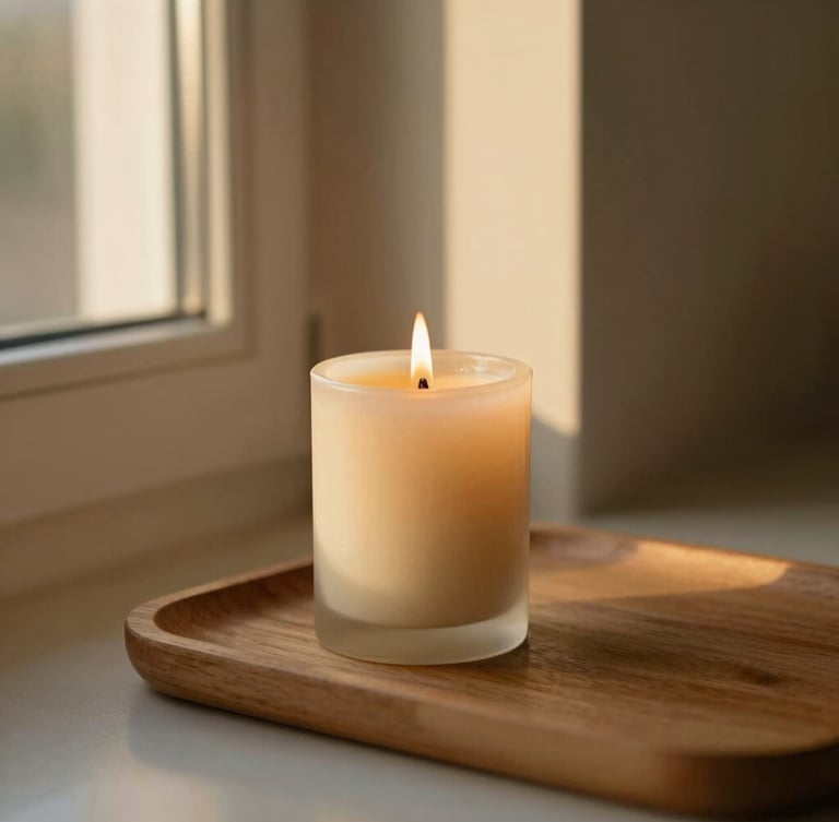 A close-up portrait of a burning soy candle on a minimalist wooden tray, warm golden-hour light streaming through a window, soft shadows on cream-colored walls, shallow depth of field, 35mm photography.