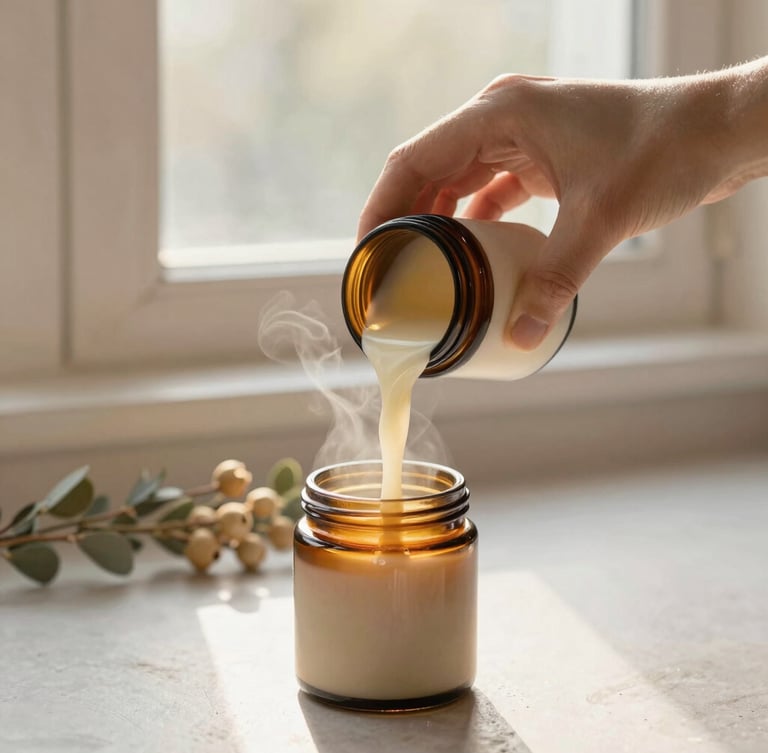 Hands carefully pouring warm liquid soy wax into a minimal amber glass jar, soft morning sun illuminating the steam, botanical sprigs in the background, warm neutral tones, shallow depth of field.