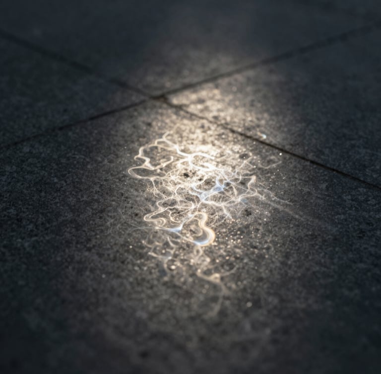 Ethereal fine-art photography of abstract light refractions on a dark, textured stone surface, soft backlit ambient light with a gentle pearlescent glow, shallow depth of field, 35mm.
