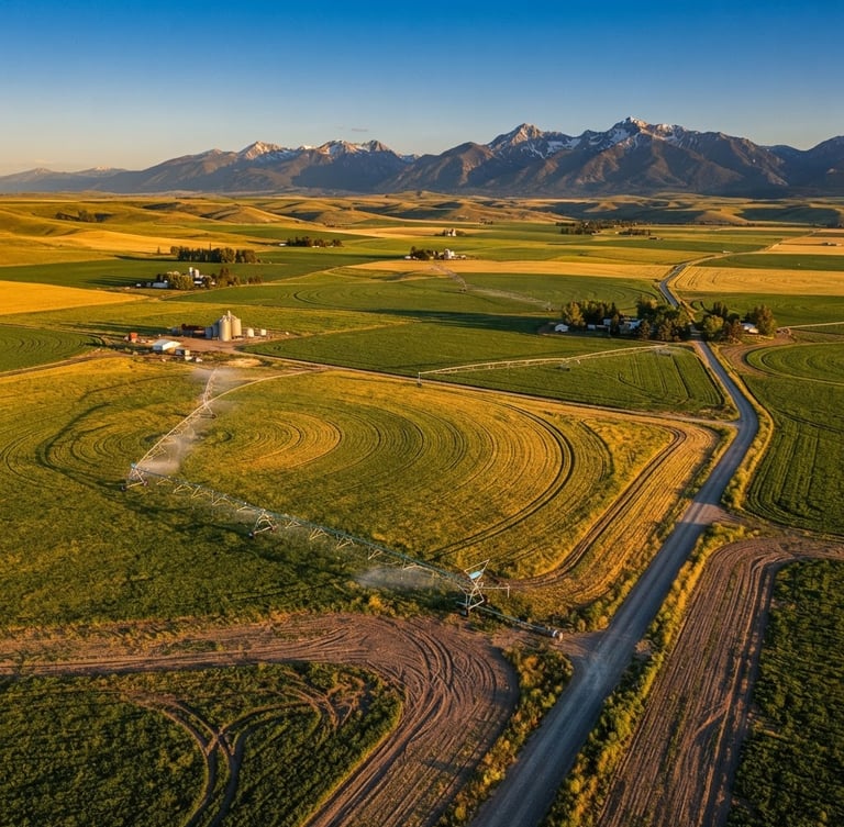 Expansive Idaho crop fields under a clear golden-hour sky, with visible irrigation lines, shot from a low aerial perspective.
