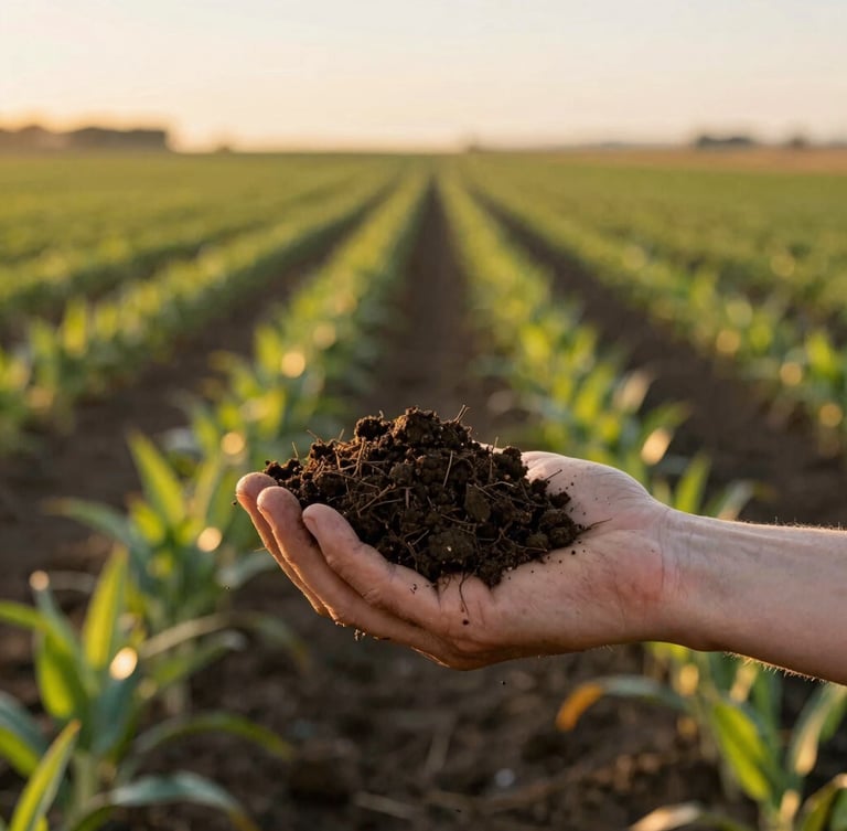 Wide shot of a hand holding rich, dark Idaho soil in a field at golden hour, sun-drenched, with blurred green crops in the background.