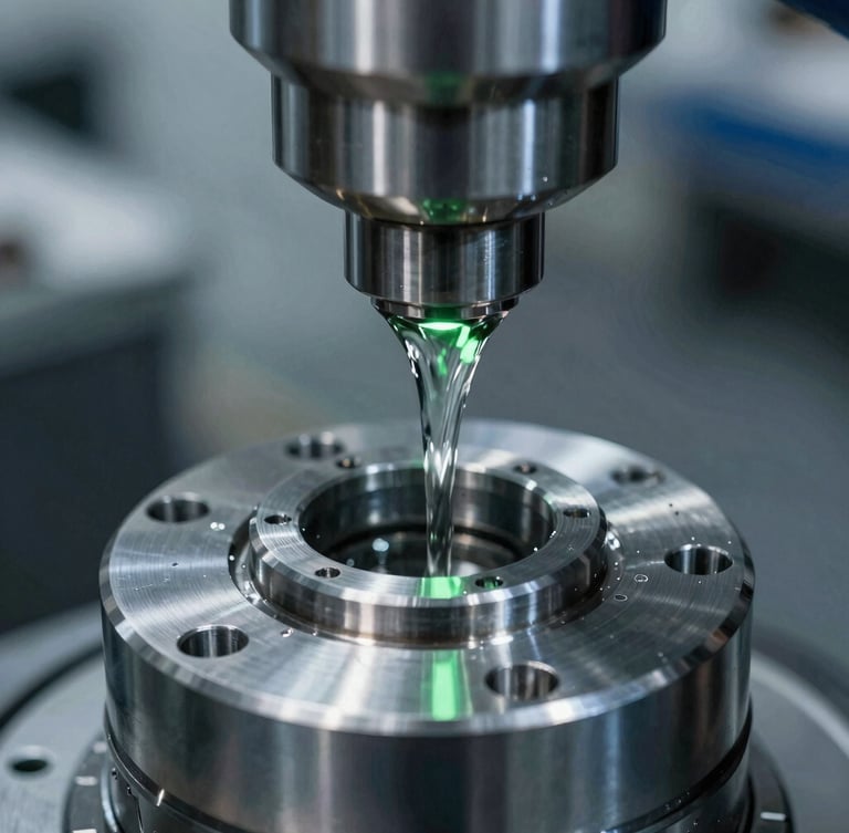 Cool-toned close-up of a high-precision CNC machining spindle in action, clean fluid flowing over a pristine metal part, sharp green reflections on metallic surfaces.