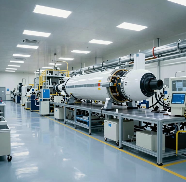 Wide environmental shot of a clean, automated aerospace manufacturing plant floor, cool high-key lighting with subtle blue reflections on metallic surfaces, pristine and organized.