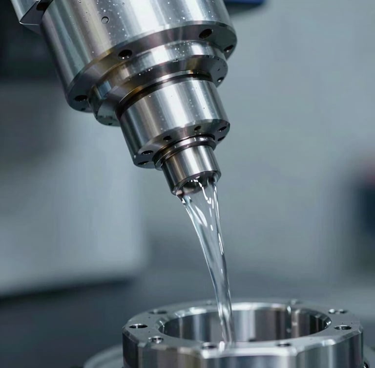 High-key, cool-toned extreme close-up of a high-precision CNC machining spindle in action, clean fluid flow with sharp reflections on the metallic workpiece.