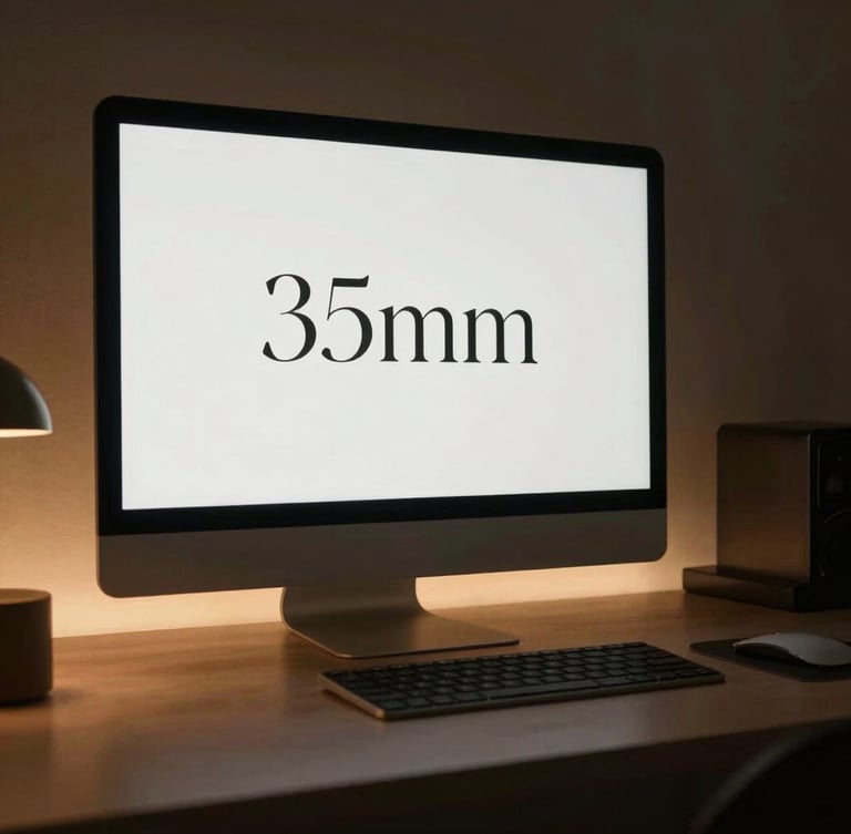 Sleek modern workspace with a clean desktop setup displaying elegant typography on a screen, warm side-lighting, deep charcoal tones, 35mm
