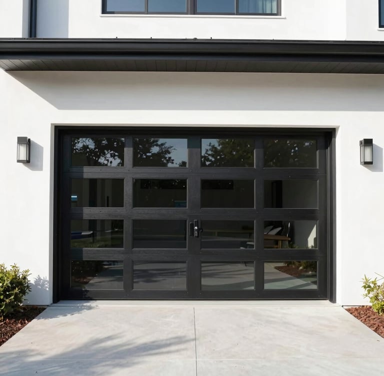 Straight-on architectural elevation of a modern black aluminum and glass garage door on an upscale Greenwich home, bright morning daylight, crisp shadows