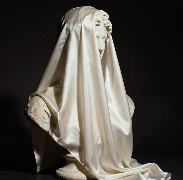 Dramatic high-contrast vertical editorial crop of a silk fabric draped over a classical stone bust, sharp studio key light, deep obsidian shadows