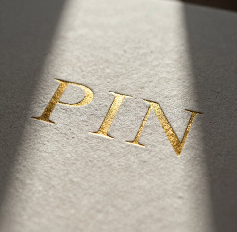 Macro close-up of heavy textured cotton paper stock with debossed gold foil typography, architectural shadows cast across the surface, minimalist composition