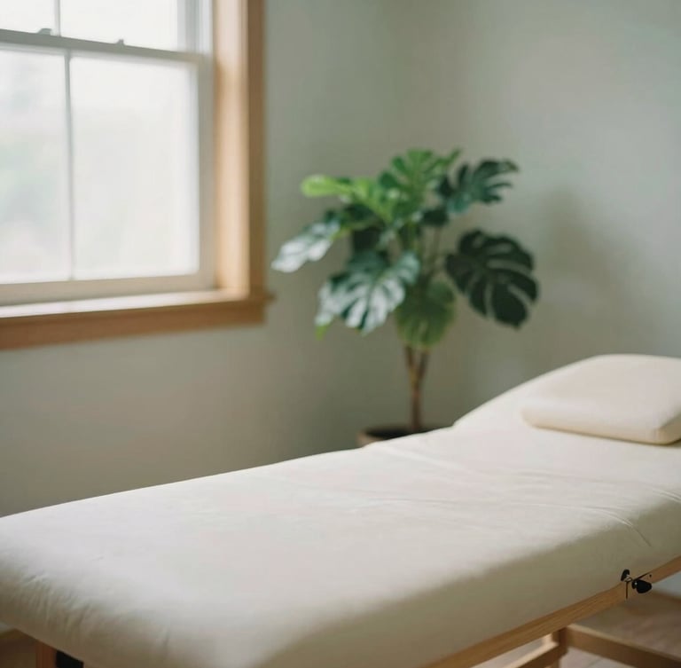Soft-focus detail of a light-filled therapy room with natural wood, a green plant, warm natural daylight from a side window, muted sage and sand tones, 35mm