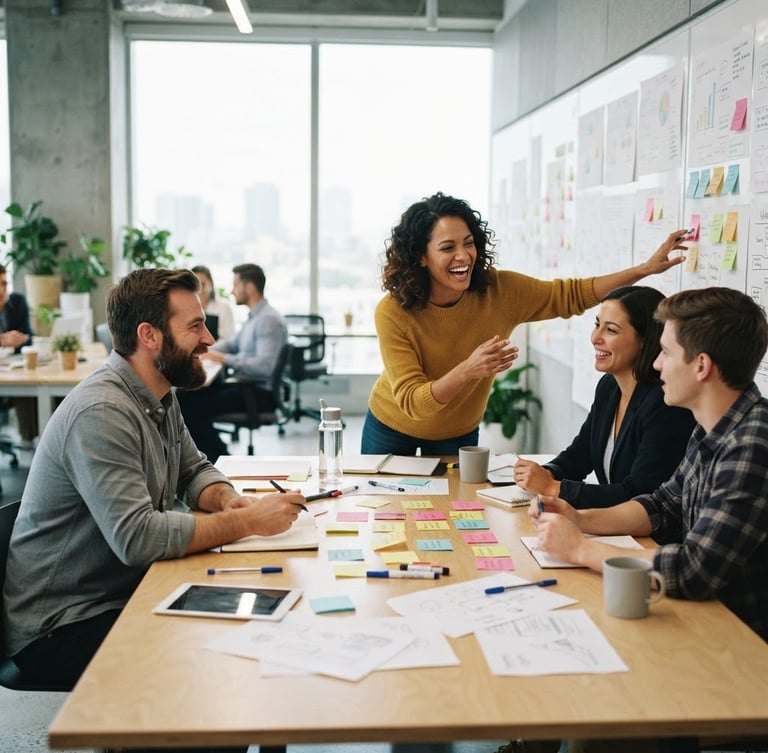 Modern corporate workshop in progress, diverse team collaborating around a table with whiteboards and active discussions, bright natural window light, shallow depth of field, professional, 35mm, materials visible on table, hands-on activity.
