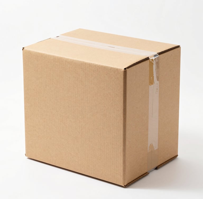 bright high-key product photography of a secure cardboard shipping box being prepared in a clean, bright warehouse space, crisp studio light, sharp focus, 50mm lens