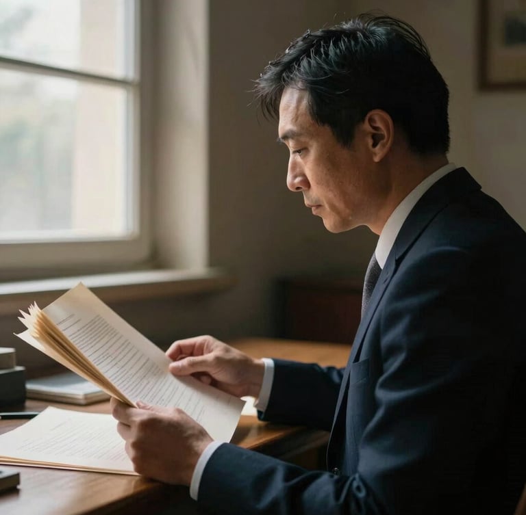 Side profile of an auditor examining heavy paper documents under low-key natural window light, deep shadows, professional and serious atmosphere.