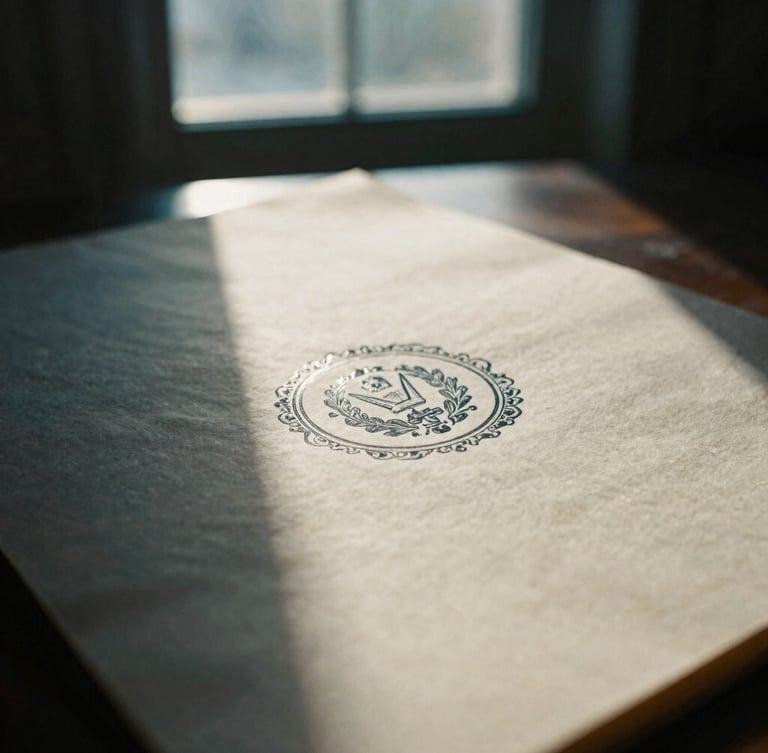 Tight editorial macro shot of a heavy parchment document with an official embossed legal seal, low-key natural window light, deep shadows, 35mm film texture.