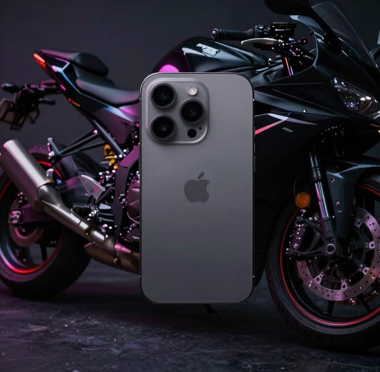 Clean flat-lay shot of a sleek iPhone 17 Pro, dark background, subtle neon reflections, high-contrast, sharp focus.